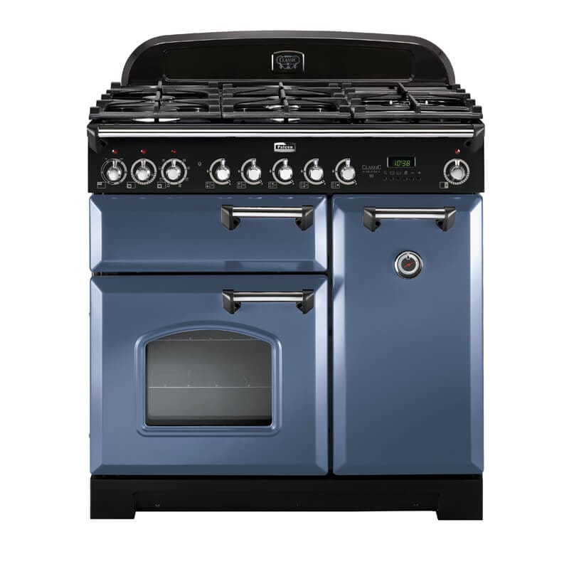 Falcon Classic Deluxe 90cm Stone Blue & Chrome Dual Fuel Range Cooker | CDL90DFSB-CH